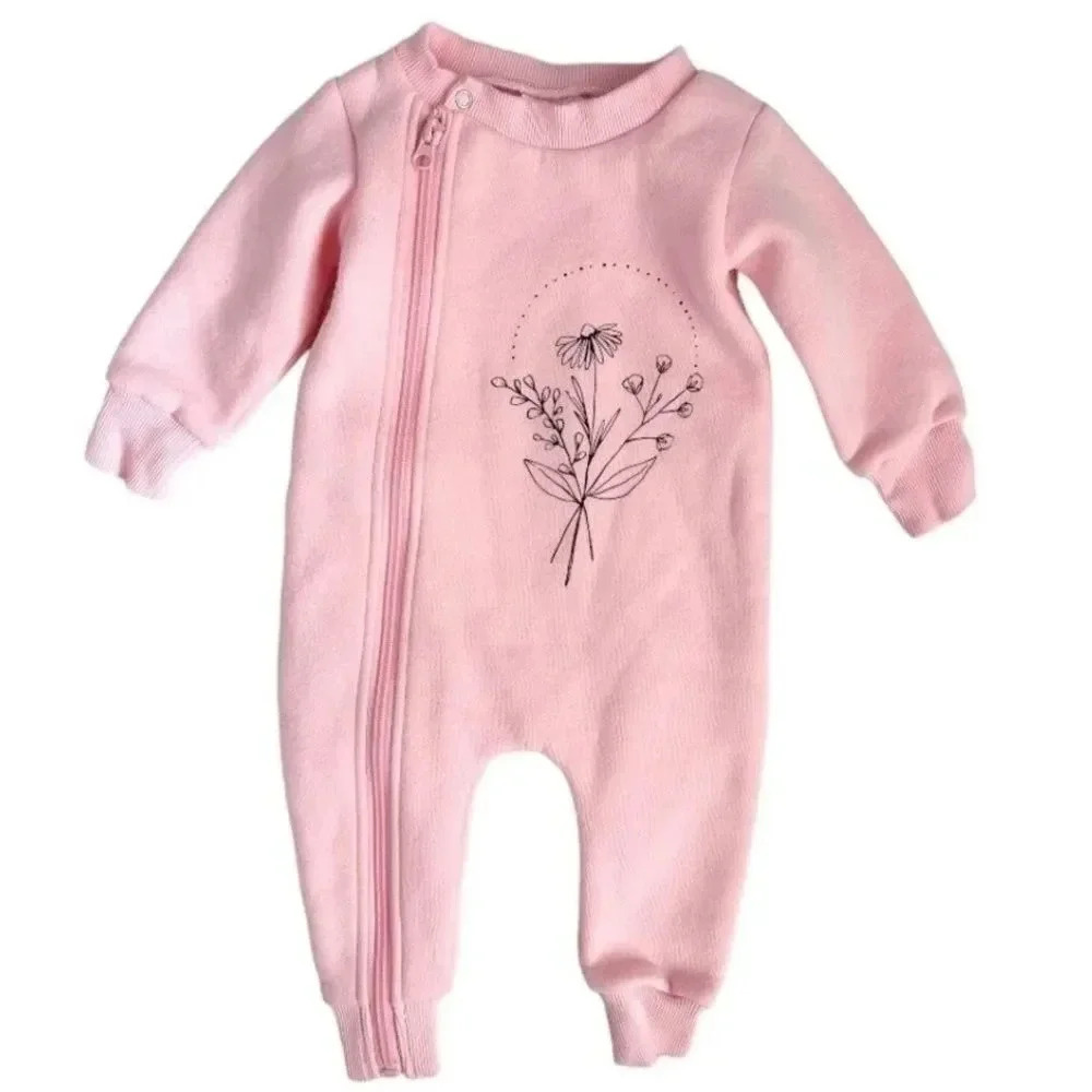 Tiny Tribe 0-3 months Pink Fleece Asymmetrical Zip Up Romper flower graphic